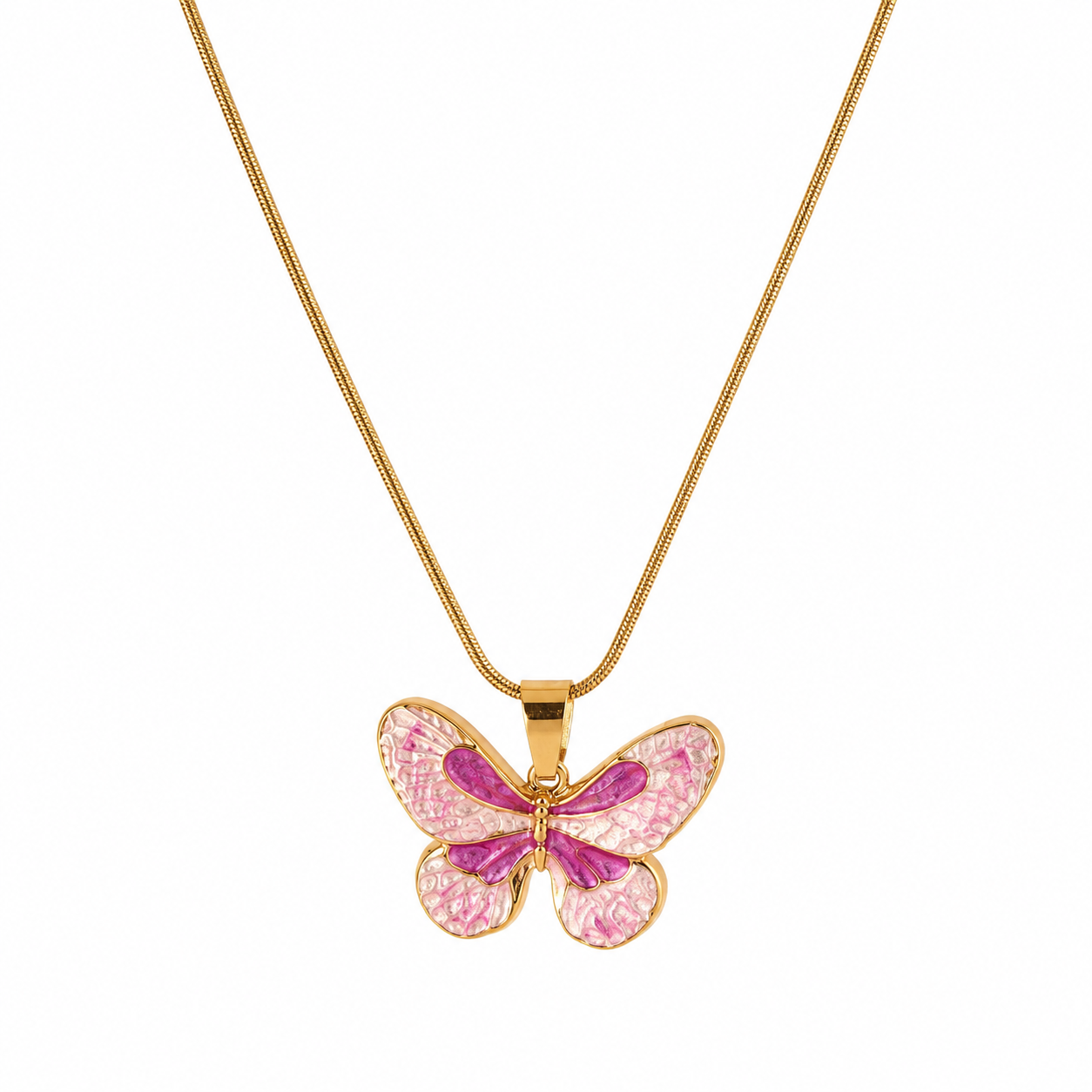 Collier en acier  inoxydable 316 L doré avec pendentif papillon en émail rose et violet et chaîne fine maille serpent.
