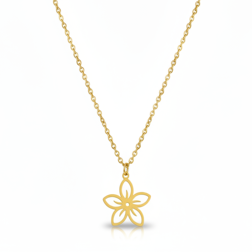 Collier doré en acier inoxydable avec pendentif fleur stylisée.