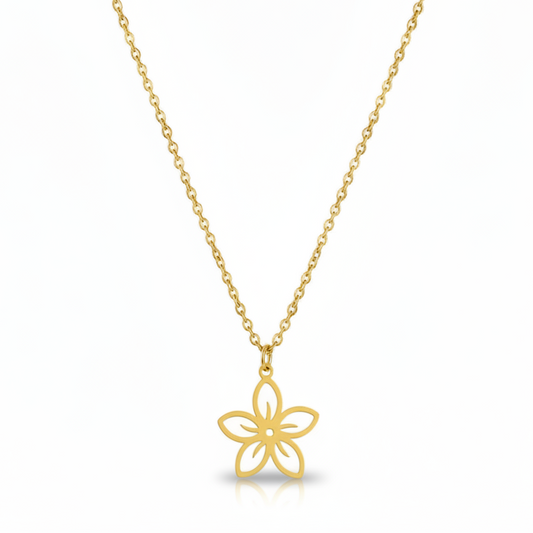 Collier doré en acier inoxydable avec pendentif fleur stylisée.
