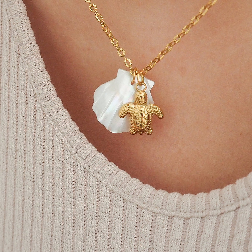 Collier doré en acier inoxydable, pendentif tortue et coquillage en nacre, bijou bohème 