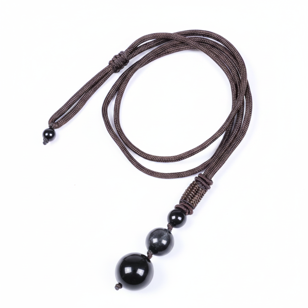 Pendentif trio en obsidienne boules de 16, 12 et 8 mm avec cordon en nylon marron.