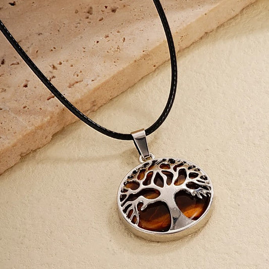 Collier GABRIEL en Acier Inoxydable et Cuir – Arbre de Vie & Pierre Naturelle OEIL DE TIGRE