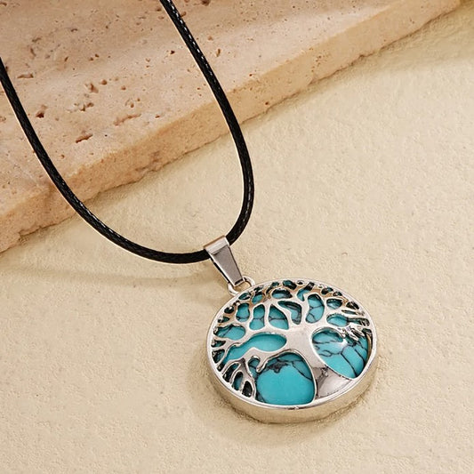 Collier GABRIEL en Acier Inoxydable et Cuir – Arbre de Vie & Pierre Naturelle TURQUOISE