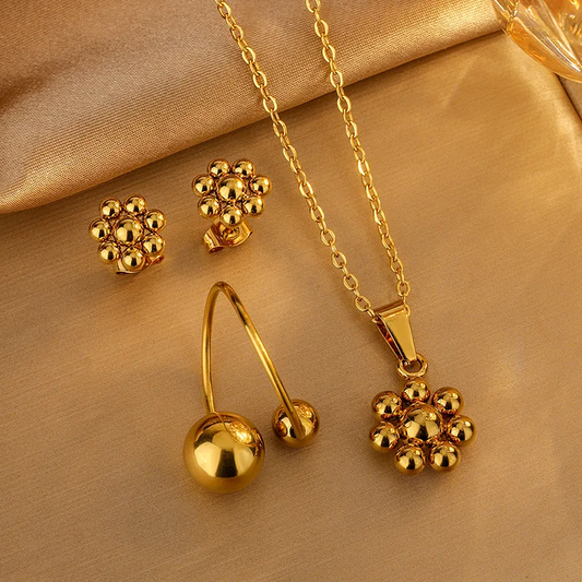 Parure LEONOR – Collier, boucles d’oreilles et bague en acier inoxydable doré