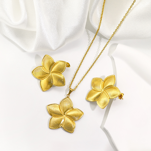 Parure collier et boucles d’oreilles femme grande fleur tiare en acier inoxydable doré
