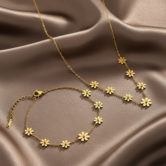 Parure dorée composée d'un collier et d'un bracelet en acier inoxydable 316L ornée de petites fleurs, style bohème romantique