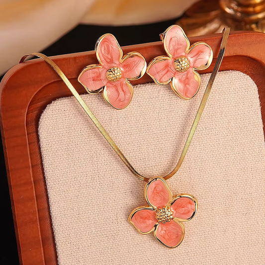 Parure FIDJI – Collier & boucles d’oreilles Fleur rouge en acier inoxydable doré