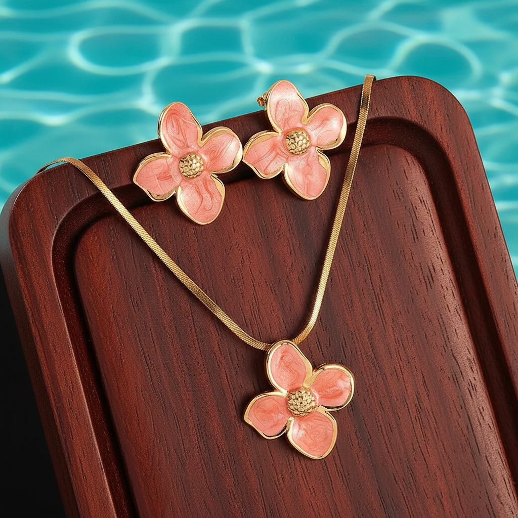 Parure à grande fleur émaillée rouge en acier inoxydable doré composée d'un collier à maille serpent et boucles d'oreilles.