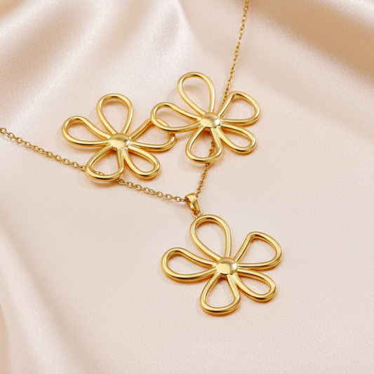 Parure collier et boucles d’oreilles grande fleur bohème en acier doré – modèle HENRIETTE