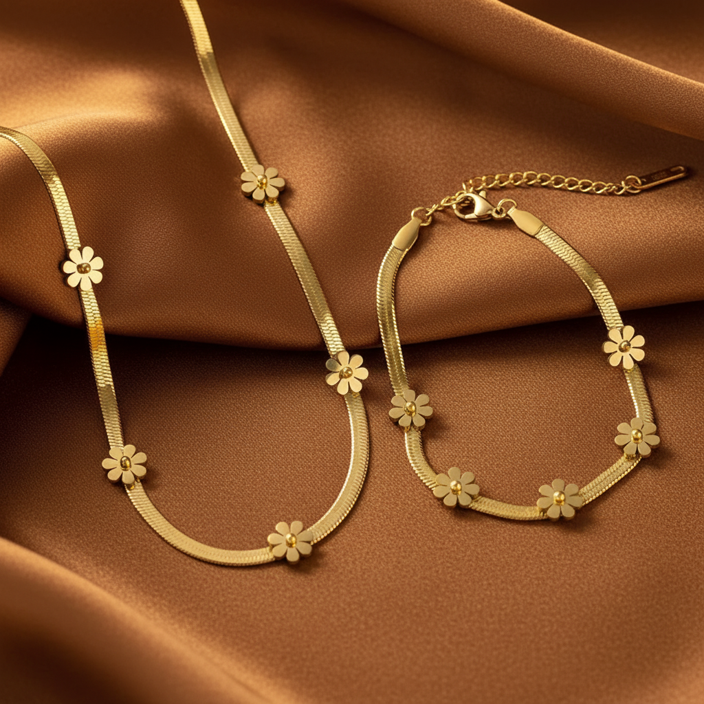 Parure dorée comprenant un collier et un bracelet en acier inoxydable à maille serpent large de 3 mm et ornée de 5 petites fleurs.