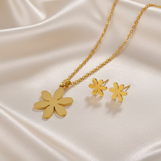 Parure Fleur KELLY en acier chirurgical doré – Collier et Boucles d'oreilles assorties