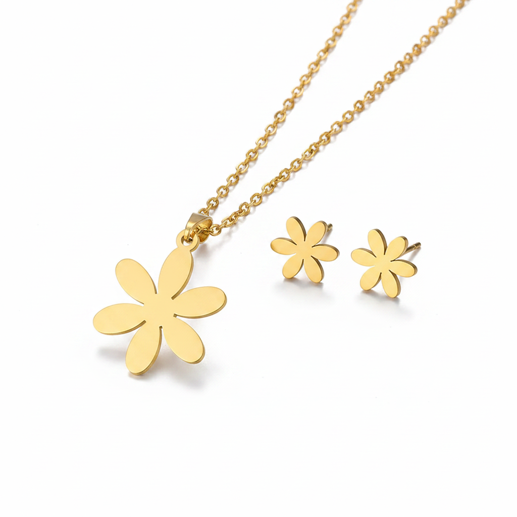 Parure fleur comprenant un collier et des boucles d'oreilles en acier inoxydable 316L doré poli miroir.