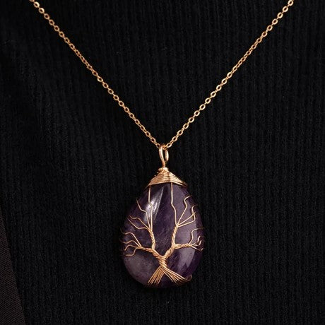 Collier GABRIELLE en Acier Inoxydable – Arbre de Vie & Pierre Naturelle AMETHYSTE