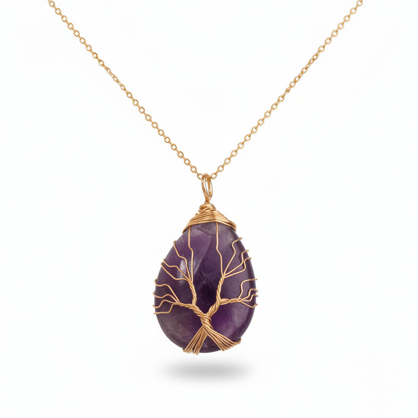 Collier en acier inoxydable doré avec pendentif Arbre de Vie en améthyste forme goutte d'eau.