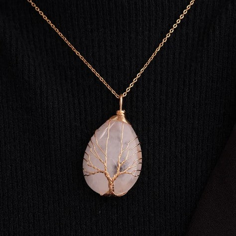 Collier GABRIELLE en Acier Inoxydable – Arbre de Vie & Pierre Naturelle CRISTAL DE ROCHE